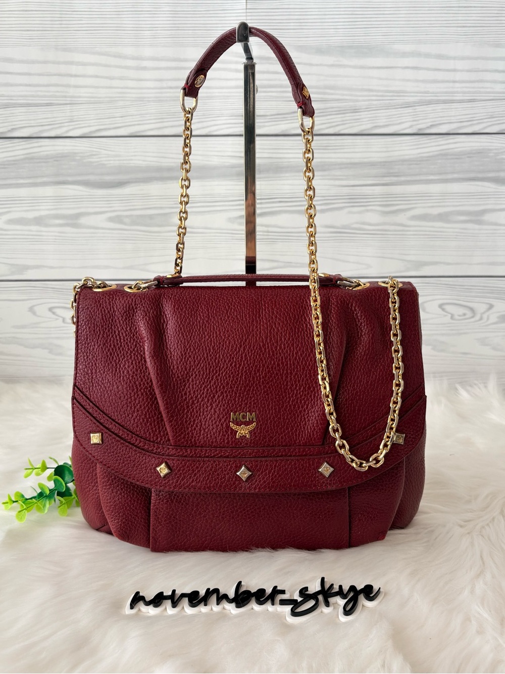 MCM Pebbled Leather Studded Flap Shoulder Bag Burgundy Gold Chain Crossbody